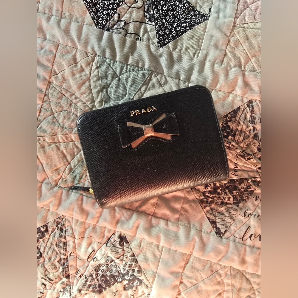 Prada Black Safranno Compact Wallet with Pink Bow Accent